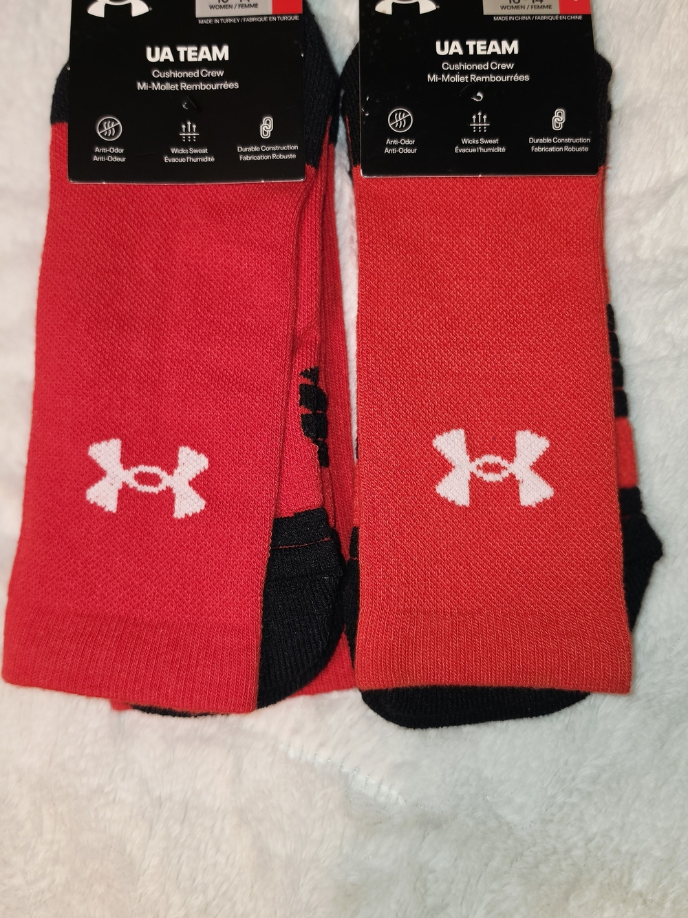 2 Pairs Under Armour Red and Black UA Team Cushioned Crew Socks